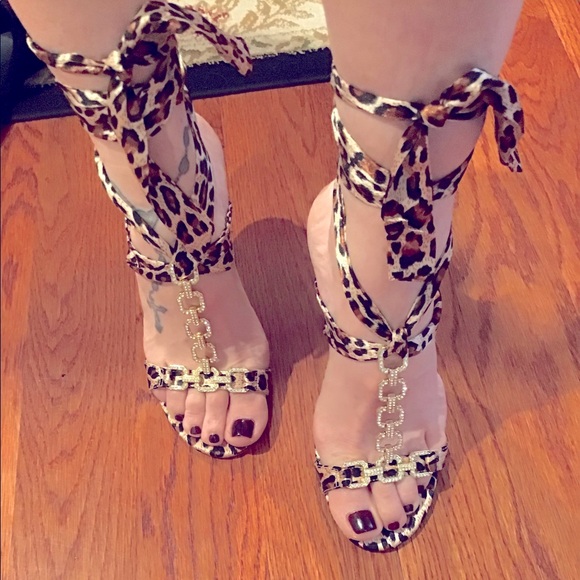 Ellie Leopard Print Tie-Up The Leg Sandals With Rhinestone Chain Detail - Picture 11 of 12
